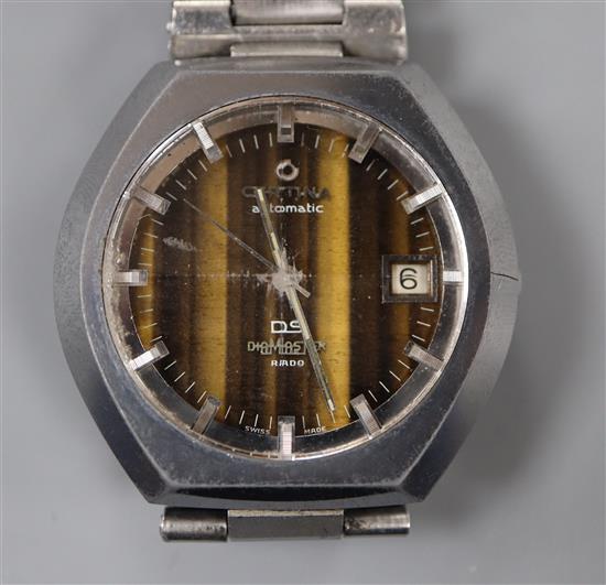A gentlemans tungsten Certina DS Dialmaster Rado automatic wrist watch with tigers eye quartz dial.